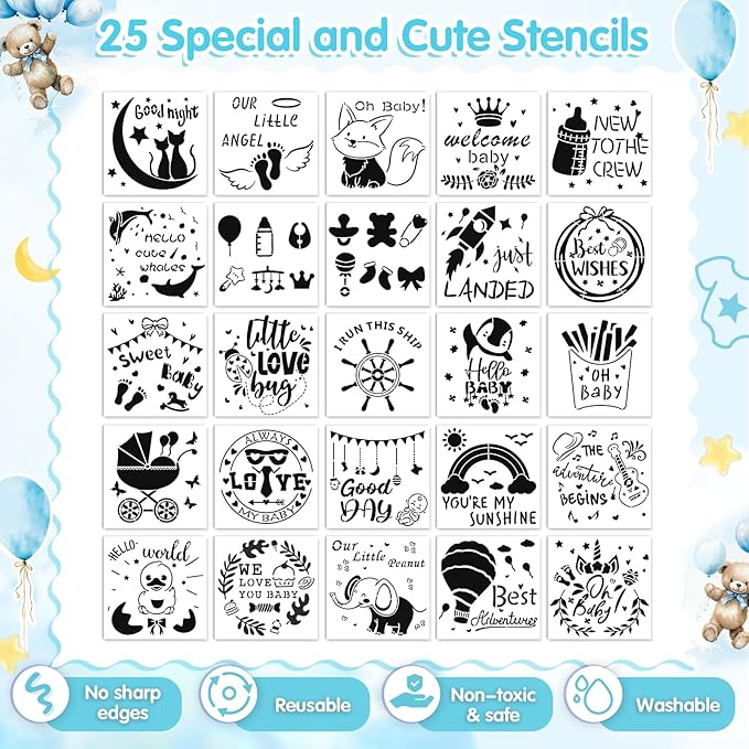 151 Pcs Baby Shower Game Decorations Kit with Bibs, Bodysuits, Wooden Sign & Fabric Markers (BlueBear)