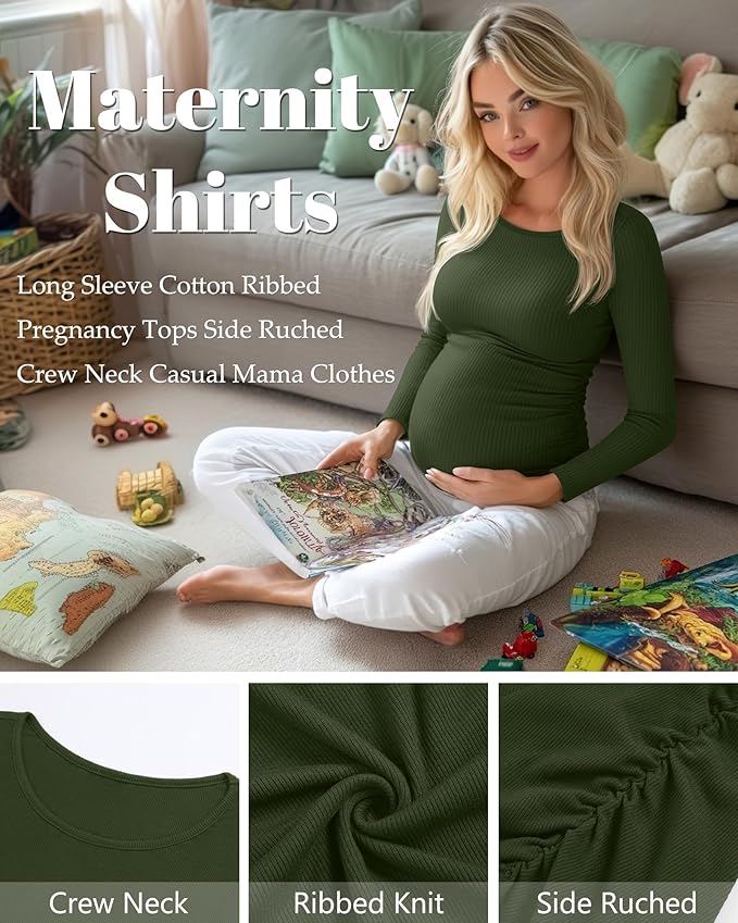 Huukeay 4 Pack Women's Maternity Shirts, Long Sleeve Cotton Ribbed Pregnancy Tops Side Ruched Crew Neck Casual Mama Clothes