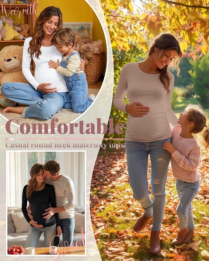 Ficerd 3 Pack Women's Maternity Shirts, Long Sleeve Side Ruched Pregnancy Tee Tops Crew Neck Casual Mama Clothes Basic Tunic
