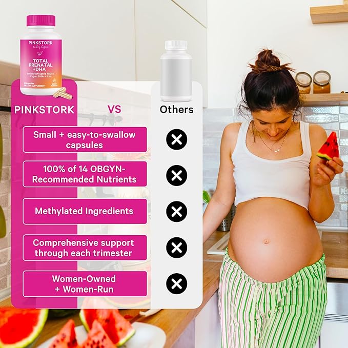 Pink Stork Total Prenatal Vitamins with DHA, Folate, Iron, Choline, and Vitamin B12 - Preconception Nutrition - Prenatals for Women, Pregnancy Must Haves - Mint Essence, 180 Capsules, 3 Month Supply