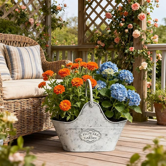 Set of 2 Vintage Metal Planter Pots, "Flowers and Garden" Distressed White Hanging/Tabletop Flower Pots with Handle, Rustic Farmhouse Planters for Indoor Outdoor Succulents, Herbs, Home Decor