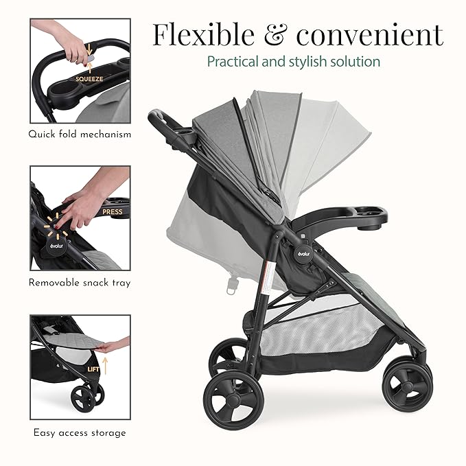 Evolur Breeze Stroller in Grey, Adjustable Backrest & Canopy, Compact Fold Lightweight Baby/Toddler Stroller with Storage Basket