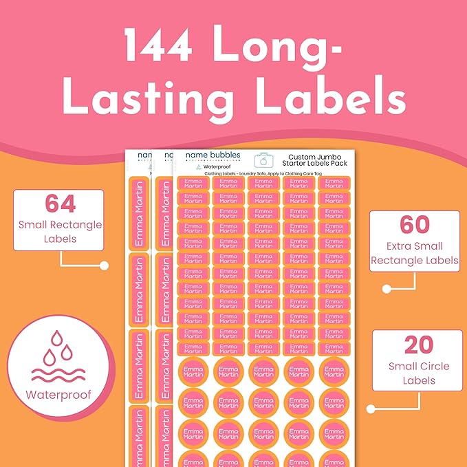 Name Bubbles - Basic Daycare Name Stickers for Kids (144 ct) - Personalized Waterproof Name Labels for School Supplies, Clothing Tags, Baby Bottles, All Ages - Washable Stick-On Labels (Color Combos)