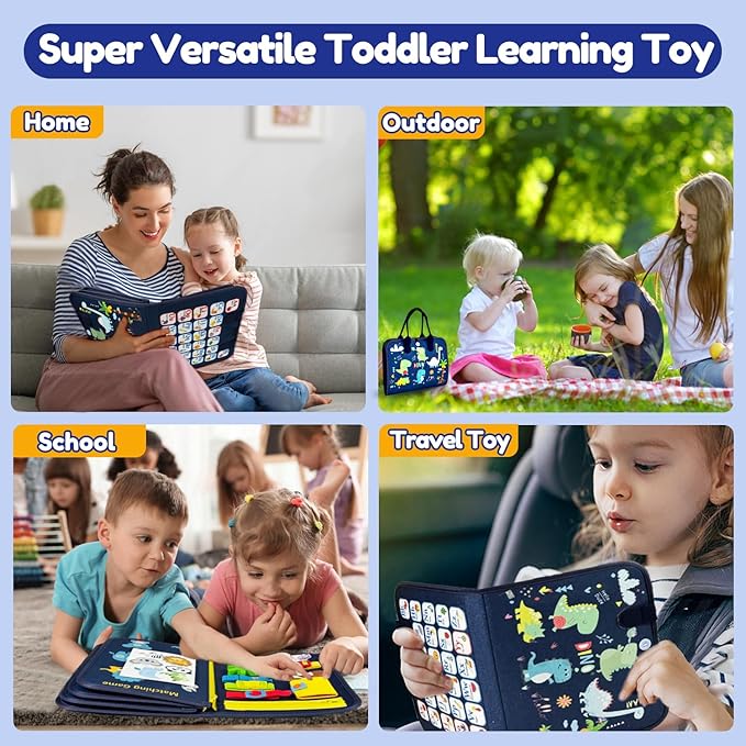 Qizfun Busy Board Montessori Toy for Toddlers, Educational Sensory Learning Toy for Fine Motor Skills, Preschool Travel Toy for Airplane & Car, Gifts for Boys and Girls (Blue/P8)