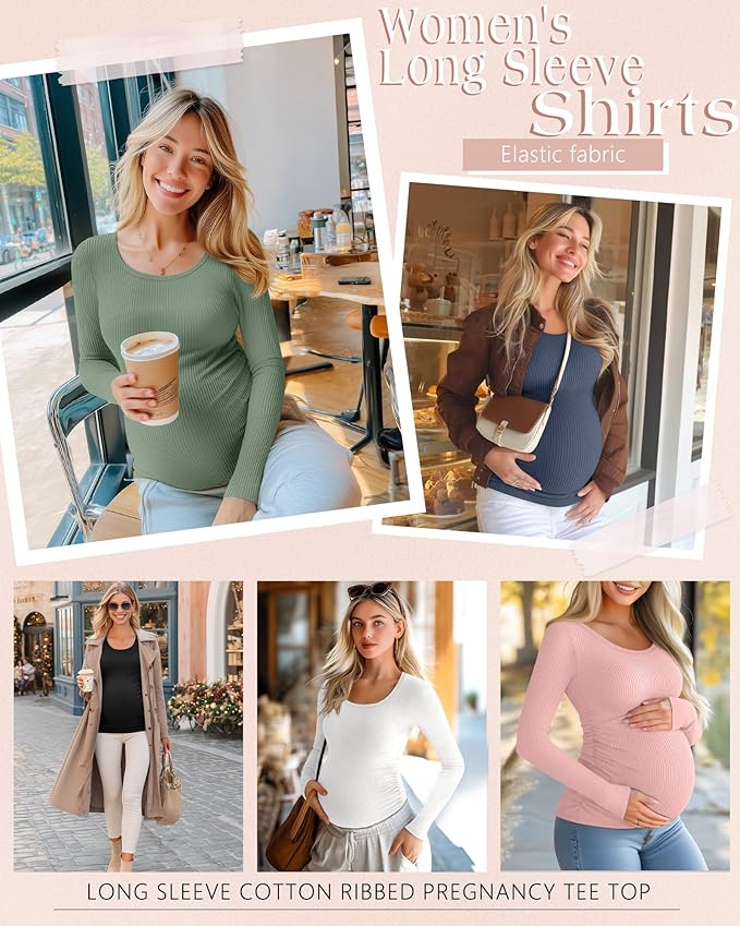 Riyiper 4 Pack Women's Maternity Shirts, Long Sleeve Cotton Ribbed Pregnancy Tee Top Crewneck Side Ruched Casual Mama Clothes