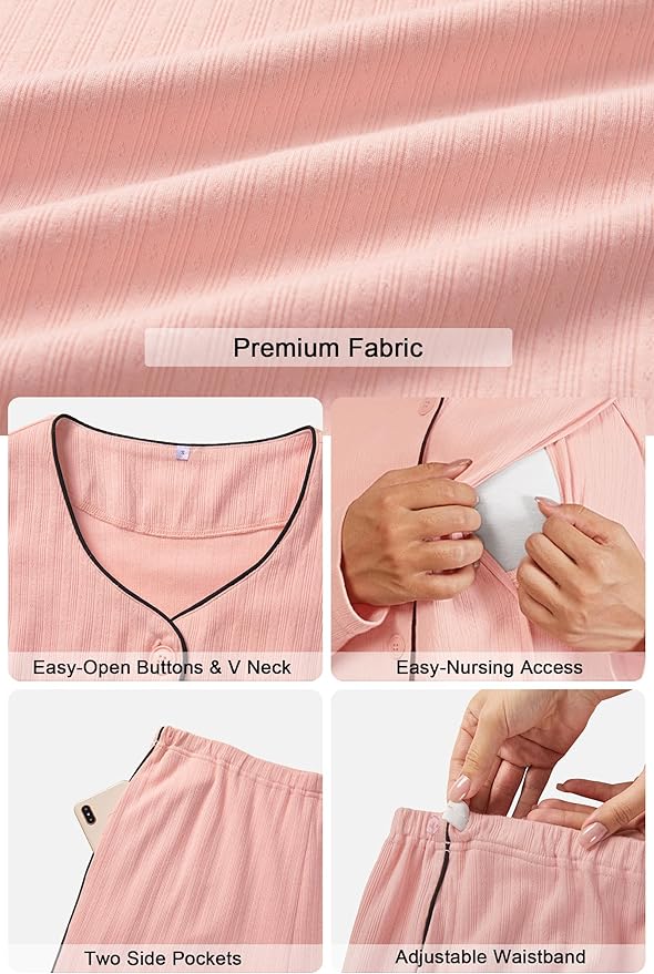 OUGES 100% Cotton Women's Maternity Nursing Pajamas Sets Button Down Breastfeeding Loungewear Top & Pants with Pockets