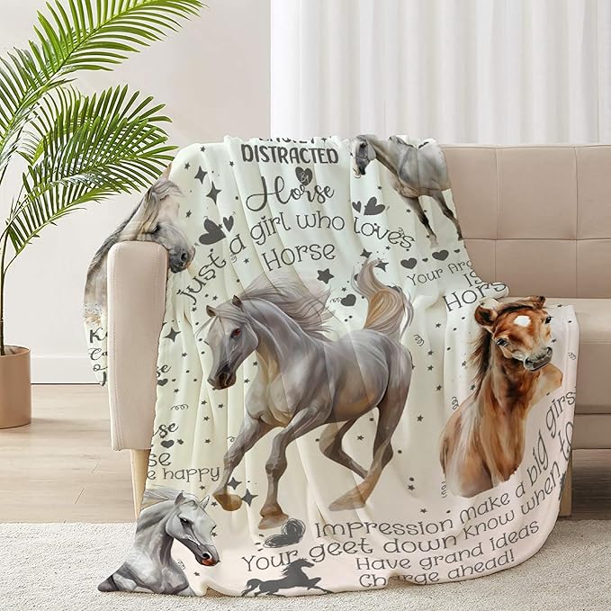 Horse Blanket for Boys Girls, Flowers Animals Kids Throw Blanket Gift for Child, Fluffy Cozy Soft Lightweight Blankets for Bed Office, 40x50 Inches