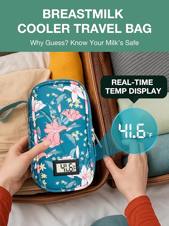 Breast Milk Cooler Travel Bag, Real-Time Temperature Display, Holds 20oz Breastmilk Storage Bag with 2 Breast Milk Ice Pack, Cooling & Waterproof Portable Cooler for Moms on The Go (Lily)