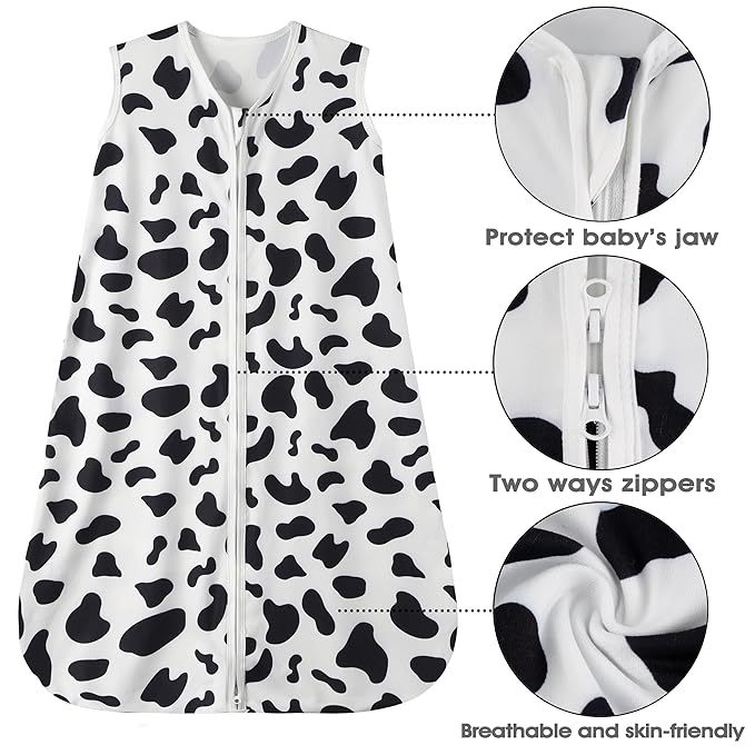 Baby Sleep Sack 12-18 Months Baby Wearable Blanket 100% Rayon Cotton 2-Way Zipper Toddler Sleeping Sack，Comfy Soft Lightweight TOG 0.3（Cow Print）