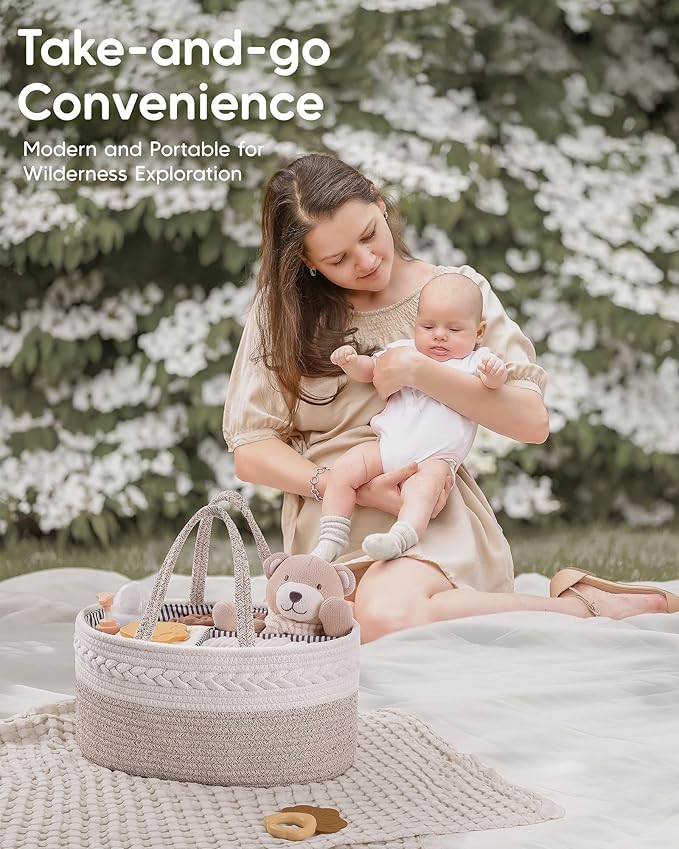 Maliton Extra Large Baby Diaper Caddy Organizer, Cotton Rope Nursery Basket, Portable Diaper Organizer for changing table, Car, Diaper Storage Organizer for Baby Stuff, Baby Shower Gifts for Newborn