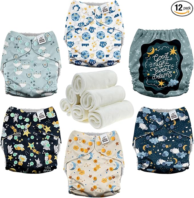 Mama Koala 3.0 Cloth Diapers for Babies with AWJ Lining, 6 Pack with 6 Natural Cloth Diaper Inserts - Reusable and Washable Pocket Diapers (Clear Night)
