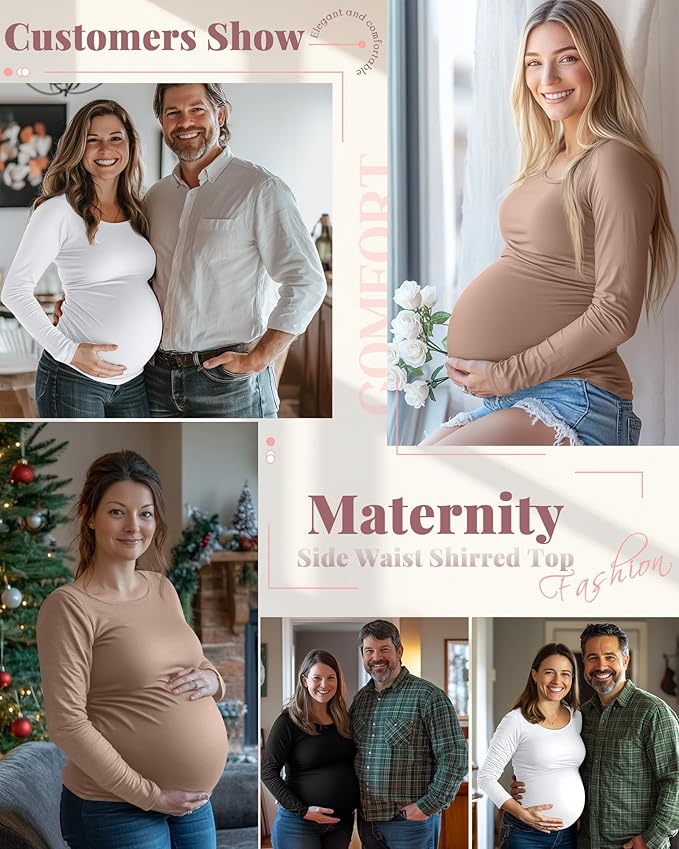 Ficerd 3 Pack Women's Maternity Shirts, Long Sleeve Side Ruched Pregnancy Tee Tops Crew Neck Casual Mama Clothes Basic Tunic