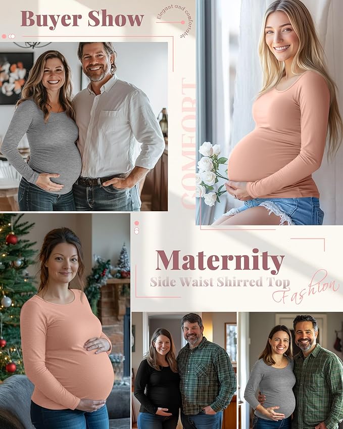Ficerd 3 Pack Women's Maternity Shirts, Long Sleeve Side Ruched Pregnancy Tee Tops Crew Neck Casual Mama Clothes Basic Tunic