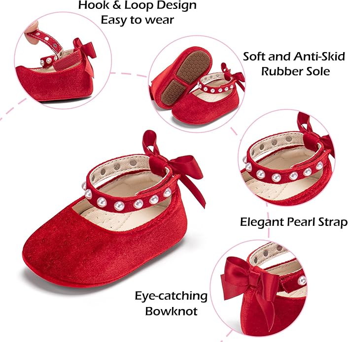 Baby Girls Mary Jane Flats - Infant Newborn Walking Shoes Soft Rubber Sole Princess Wedding