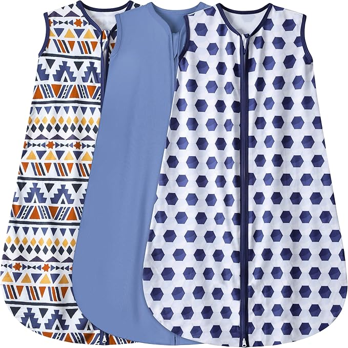 3 Pack Baby Sleep Sack 100% Rayon Cotton Baby Sleeping Bag 2-Way Zipper Toddler Wearable Blankets TOG 0.3. (Soccer&Triangles&Blue, 18-24 Months)