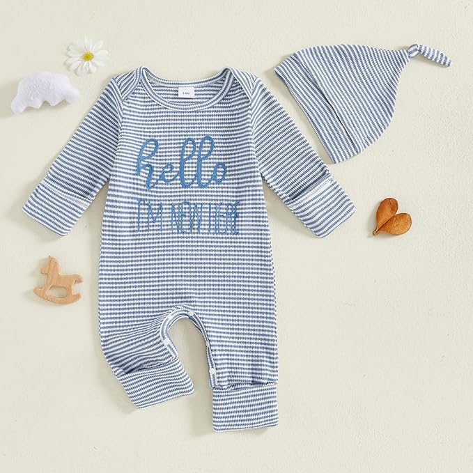 Fernvia Newborn Baby Boy Clothes Letters Print Bodysuit 3 6 9 12 18 Months Long Sleeve Jumpsuit with Hat 2PCS Outfits Set