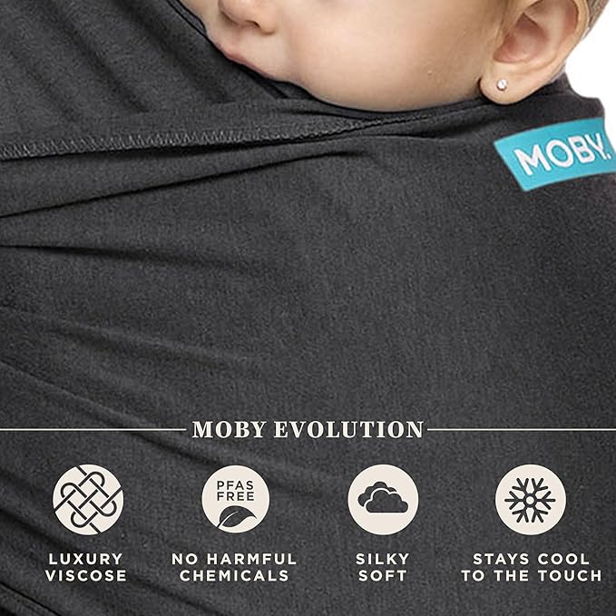 Moby Baby Wrap Carrier Evolution for Newborns to Toddlers (8-33lbs), Infant Sling Carrier, Lightweight & Hands Free Design, Adjustable for All Body Types, Baby Registry Gift (Charcoal)