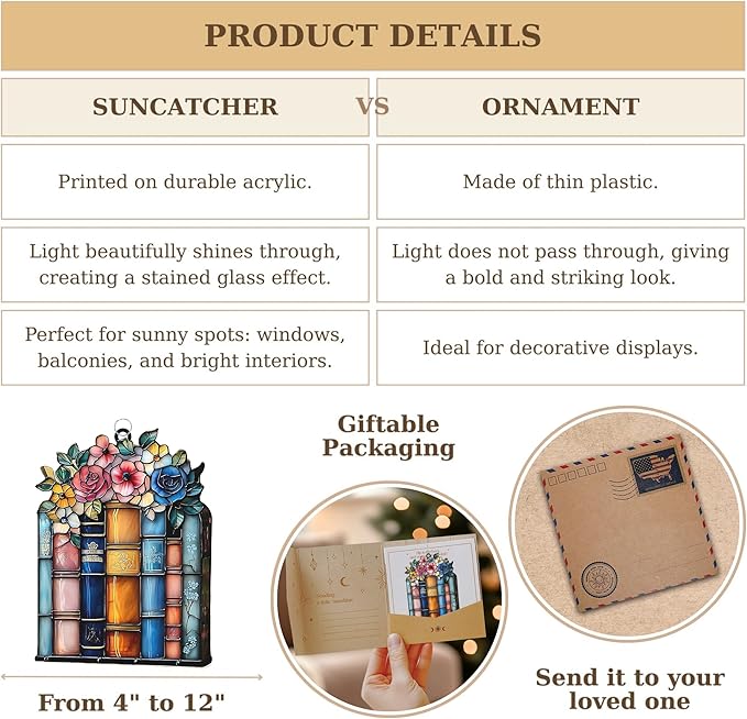 Floral Books Acrylic Suncatcher Stained Glass Effect Window Car Hanging Christmas Ornament Indoor Outdoor Decor Garden Bookish Sun Catcher Gifts for Bookworm Lover for Women Mom Grandma