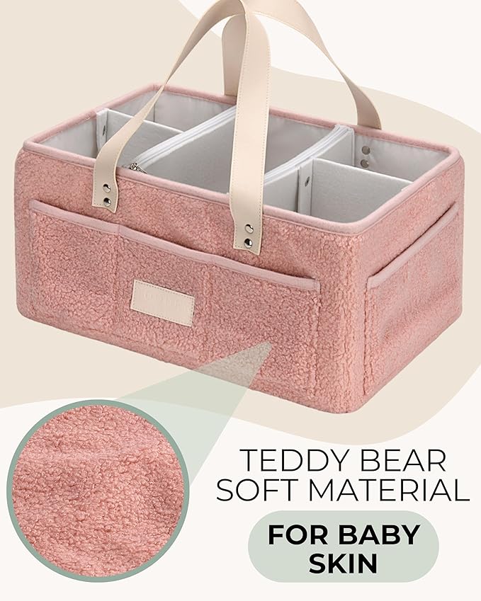Baby Diaper Caddy Organizer with Portable Changing Mat - Teddy Fleece Diaper Organizer for Changing Table - Basket for Changing Essentials - Baby Essentials Organizer with Removable Dividers