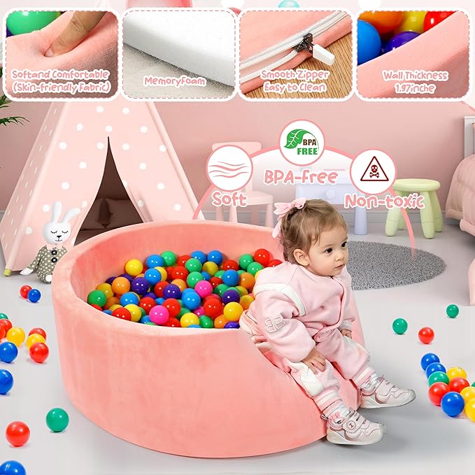 Foam Baby Ball Pit, 35.4"x 11.8" Ball Pits for Toddlers, Soft Round Kiddie Playpen Ball Pool for Kids with Soft Memory Sponge, Ideal Gift for Babies Indoor and Outdoor Game,Pink(Balls not Included)