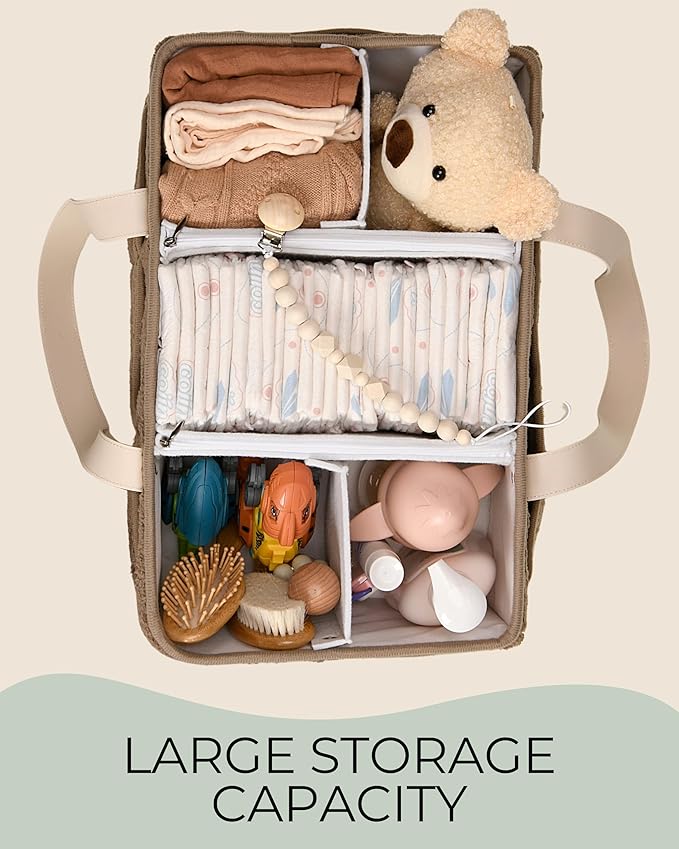 Baby Diaper Caddy Organizer with Portable Changing Mat - Teddy Fleece Diaper Organizer for Changing Table - Basket for Changing Essentials - Baby Essentials Organizer with Removable Dividers