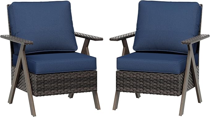Outdoor Wicker Patio Chairs Set of 2, PE Rattan Patio Dining Chairs with Metal Frame and Deep Seating