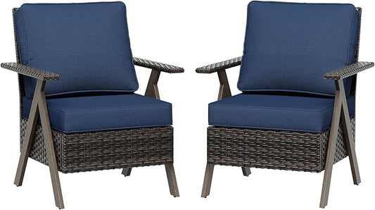 Outdoor Wicker Patio Chairs Set of 2, PE Rattan Patio Dining Chairs with Metal Frame and Deep Seating