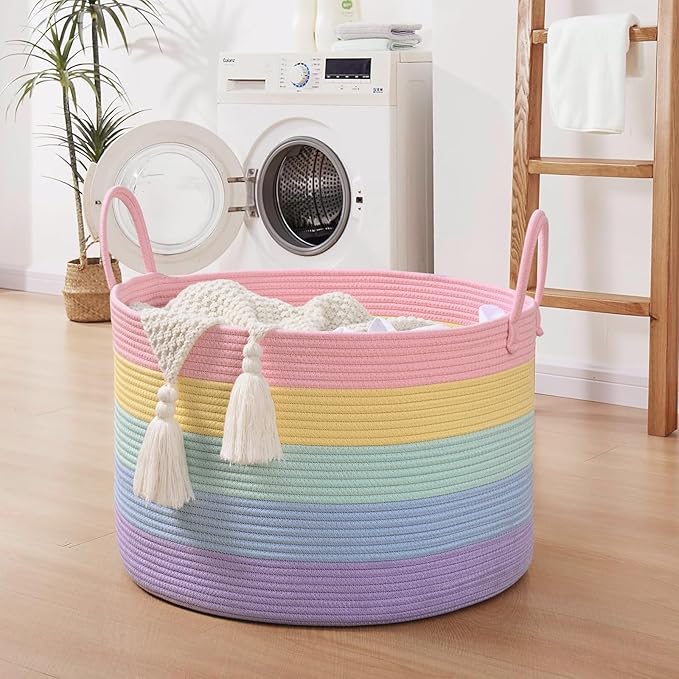 67L Rainbow Storage Basket for Organizing, 20"×13" Large Laundry Baskets, Cotton Rope Woven Blanket Basket, Toy Storage for Kids, Collapsible Blankets Storage for Living Room, Nursery Room