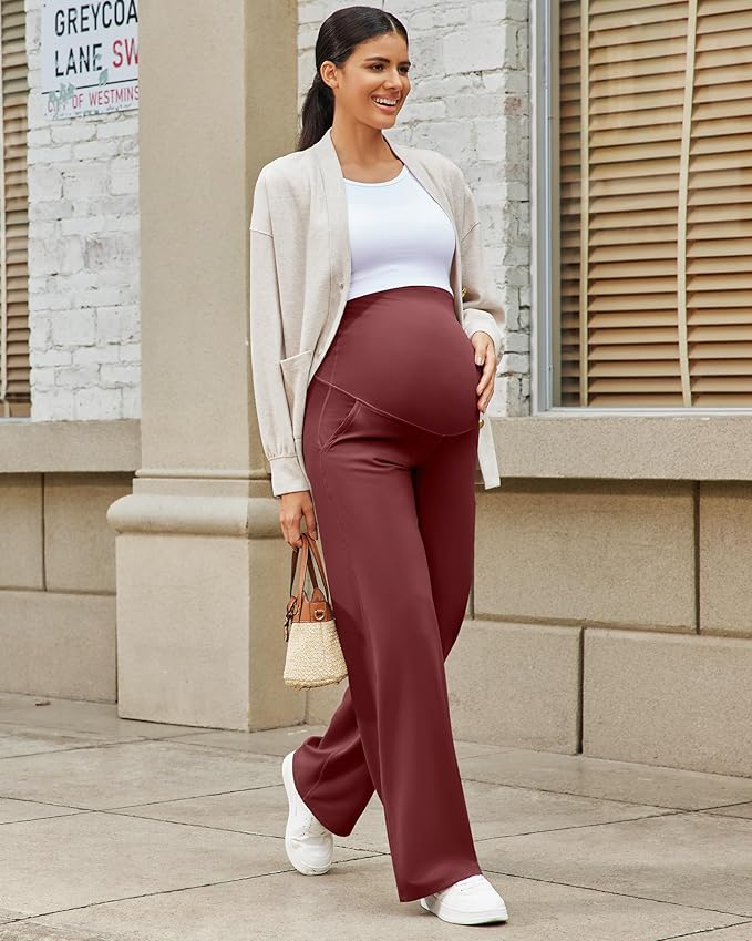 G4Free Maternity Pants Over The Belly Yoga Dress Work Pregnancy Pants Stretchy Lounge Wide Leg Trousers with Pockets