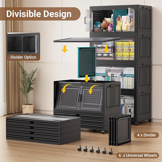 BROVIEW 600Qt Plastic Storage Bins with Lid and Wheels, 3Pack Extra Large Stackable Storage Bins with Dividers,Closet Organizers and Storage Cabinet Collapsible Box Shelves for Home Kitchen,Black