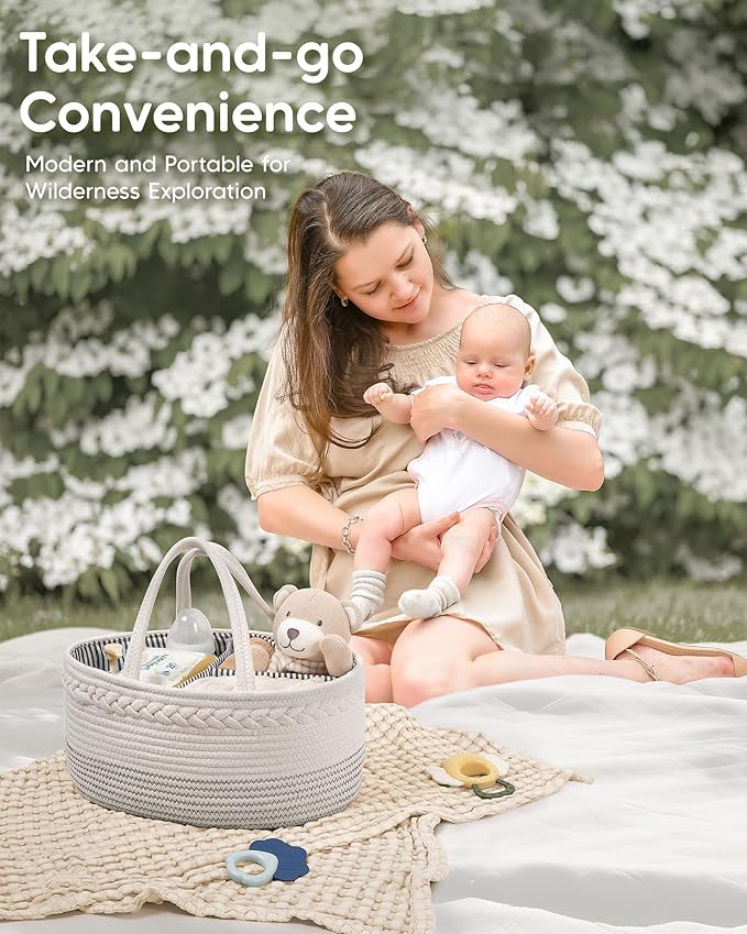 Maliton Baby Diaper Caddy Organizer, Cotton Rope Diaper Caddy Basket, Large Storage Basket for Newborn Boys and Girls, Gift for Baby Shower List, Newborn Essentials