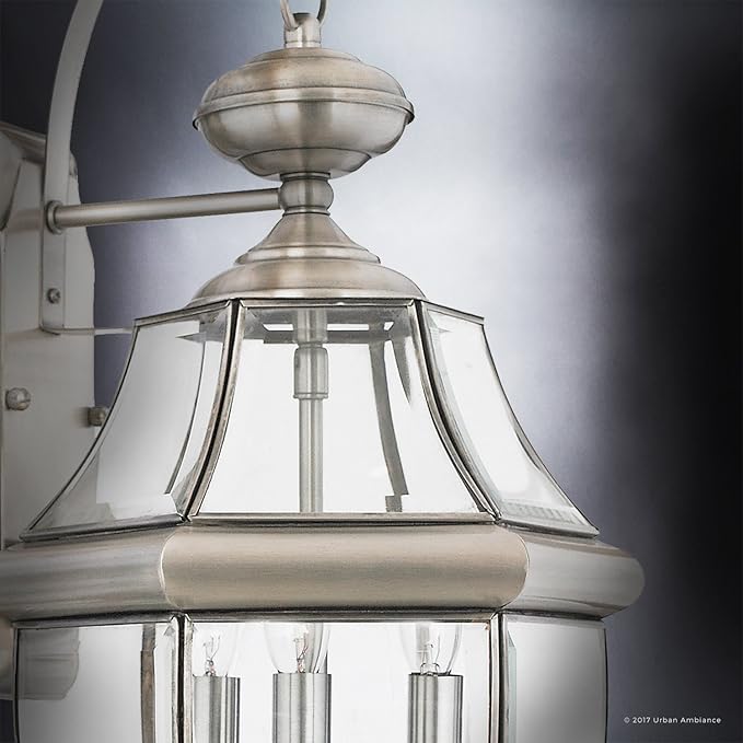 Urban Ambiance Luxury Colonial Outdoor Wall Light, Large Size: 22.5" H x 12.25" W, with Tudor Style Elements, Versatile Design, Classy Aged Silver Finish and Beveled Glass, UQL1147