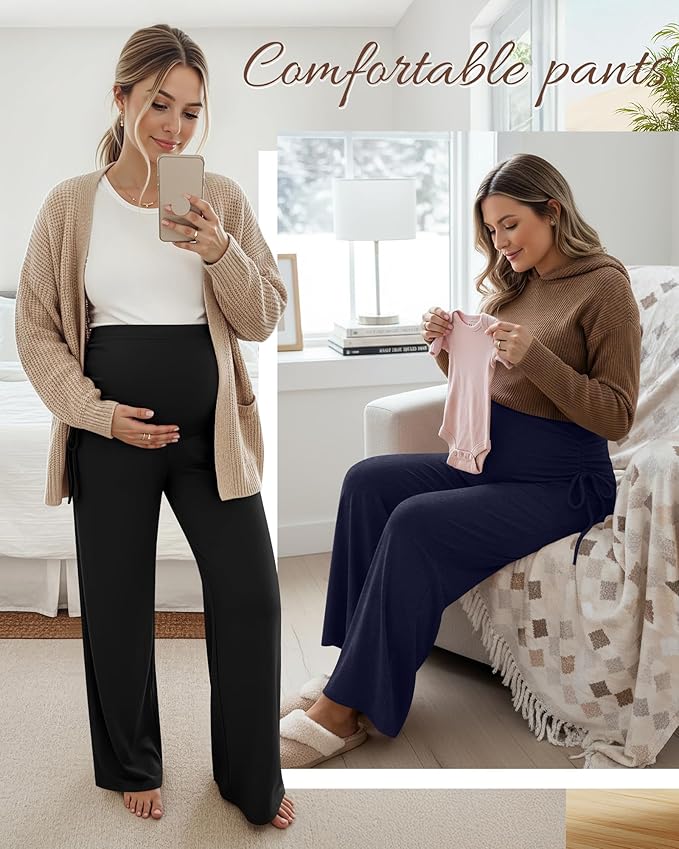 Neer 3 Pack Women's Maternity Pants Over The Belly Loose Pregnancy Pants Stretchy Lounge Wide Leg Trousers with Pockets