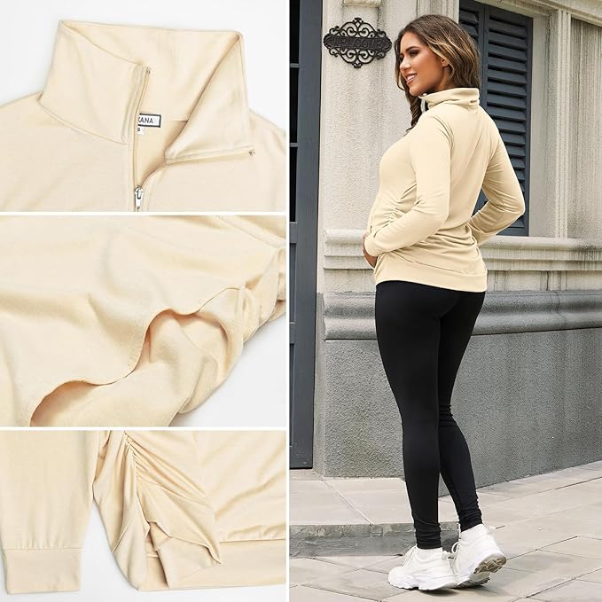 GINKANA Maternity Women's Long Sleeve Shirt Half Zipper Lapel Lightweight Casual Maternity Pullover with Pockets