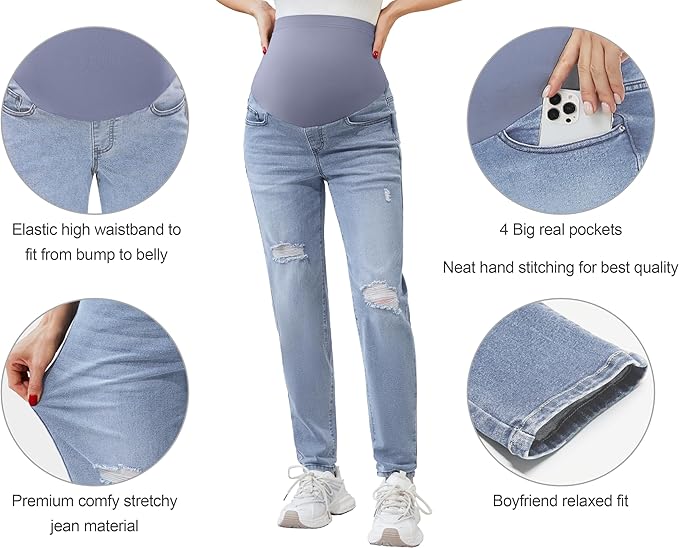 POSHGLAM Women's Maternity Jeans Over Belly Comfy Stretch 28'' Boyfriend Jeans Loose Pregnancy Pants, S-XXL