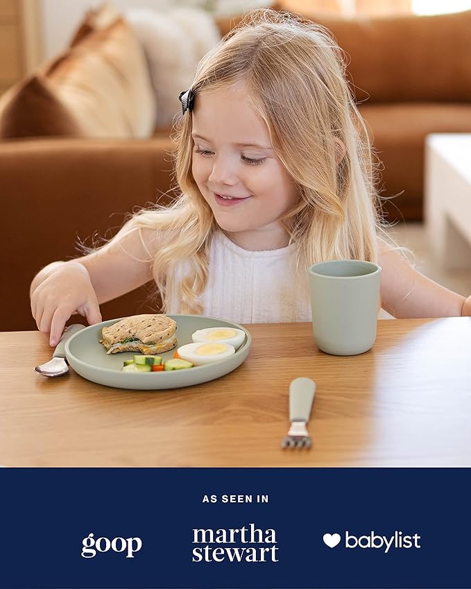 Lalo Big Bites Kids Dinnerware Starter Set - Dishwasher Safe, BPA Free, Kids Tableware Set - Includes Stackable Bowl, Plate, Utensils & Cup - 5 Pieces - Grapefruit