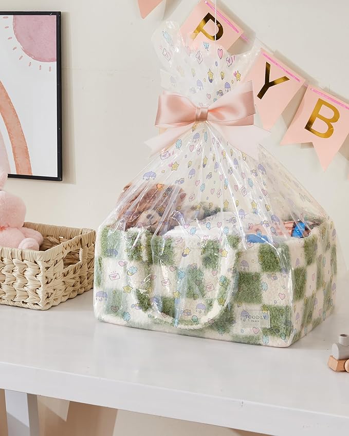 Checkered Diaper Caddy Organizer with Portable Changing Mat - Teddy Fleece Diaper Organizer for Changing Table - Caddy Organizer with Removable Dividers - Green and White