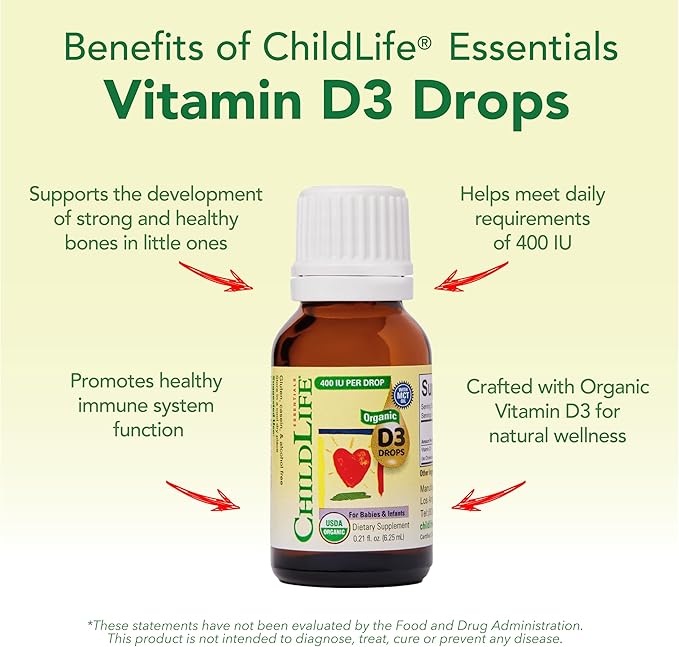 CHILDLIFE ESSENTIALS Organic Vitamin D3 Drops for Infants & Newborns - Baby Vitamin D Drops, 400 IU per Liquid Drop, Immune & Bone Health Support, USDA Organic, Flavorless - 0.21 Fl Oz (2 Pack)