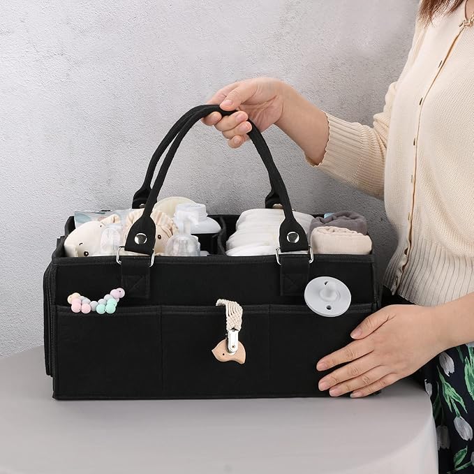 Baby Diaper Caddy Organizer for Girl Boy Large Nursery Storage Bin Basket Portable Holder Tote Bag for Changing Table and Car Baby Shower Gifts Newborn Essentials Must Haves Items black