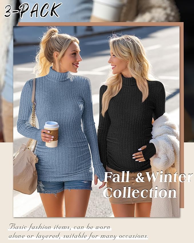 3 Pack Maternity T-Shirts Pregnancy Tops Women Sweater Long Sleeve Turtleneck Ribbed Finger Sleeve Outfits
