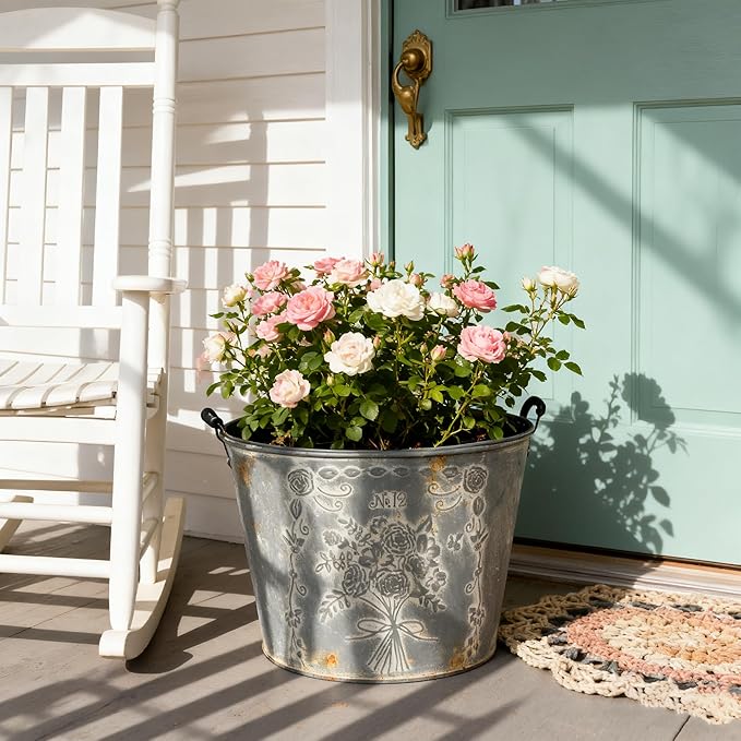 Vintage Embossed Metal Planter Pot with Handle, Rustic Farmhouse Flower Bucket, 11.81" Decorative Garden Pot for Indoor Outdoor Plants, Succulents, Herbs, Home Decor Accent