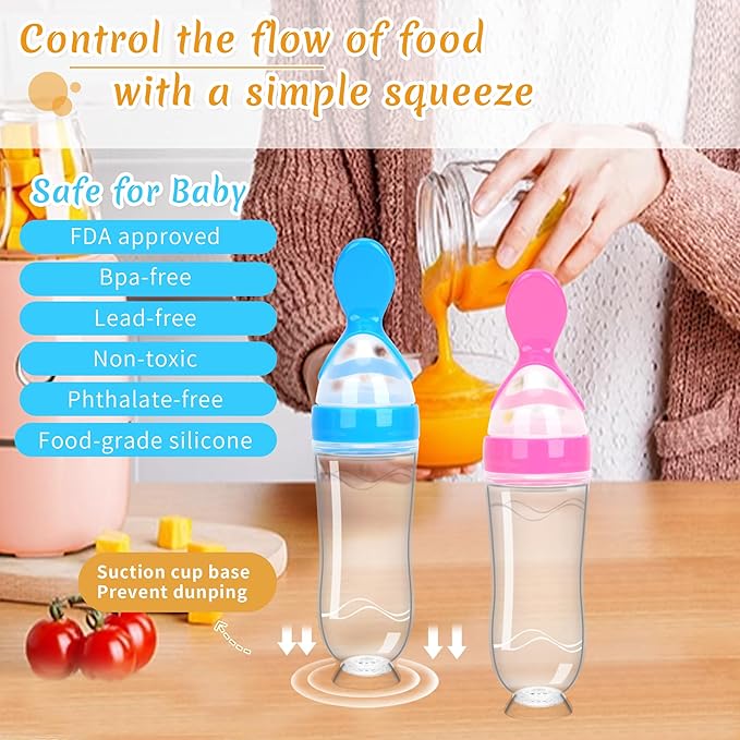 WAJIAYON Baby Food Feeder 3 Pack Silicone Baby Food Dispensing Spoon with Standing Base for Infant- 3 oz Squeeze Feeding Spoons with Suction Cup for Boys Girl Kids Toddlers - Self Feeding Bottle Spoon