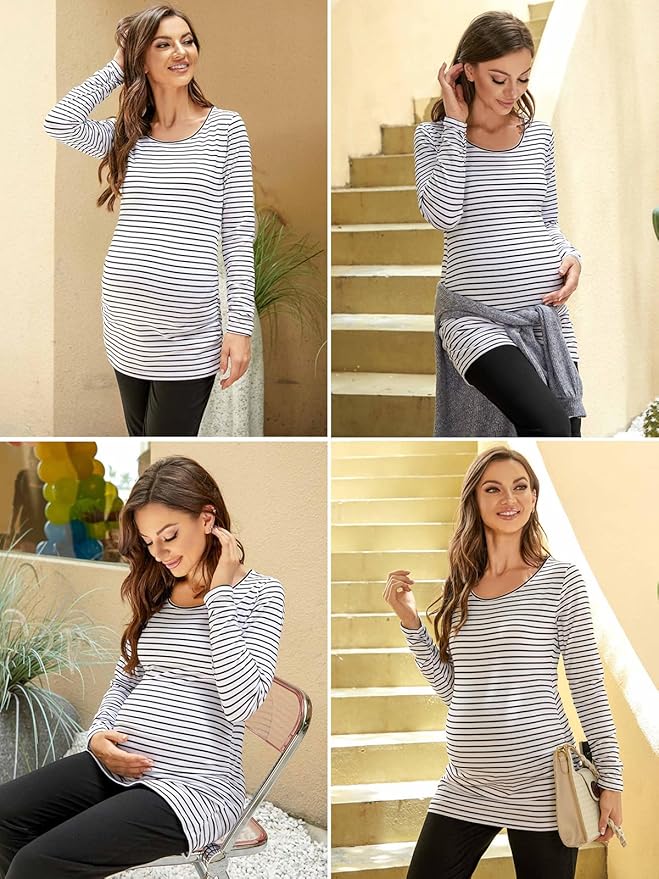 Ecavus Women's Maternity Shirts Long Sleeve Soft Stretchy Pregnancy Tops Side Ruched Casual Mama Clothes