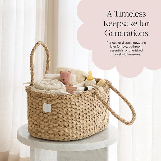 BEBE BASK Premium Baby Diaper Caddy Organizer - Artisan-Made Seagrass Basket With Cotton Divider - Award-Winning & Luxury Diaper Caddy Basket (ROSA)