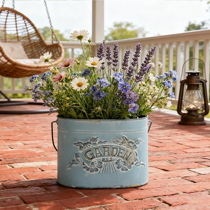 Vintage Distressed Blue Metal Planter Pot with Handles, Garden No.2 Embossed Design, Rustic Farmhouse Flower Bucket for Indoor Outdoor Gardening, Succulents, Herbs, Home Decor