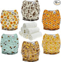 Mama Koala 3.0 Pocket Cloth Diapers for Babies with AWJ Lining, 6 Pack with 6 4-Layer Natural Cloth Diaper Inserts - Reusable and Washable Pocket Diapers(Hardworking Bees)