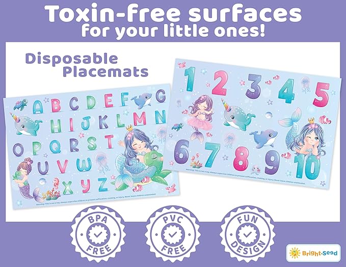 Disposable Placemats for Baby, Toddlers and Kids, 40 Disposable Baby Placemats for Restaurant, Dining Table & Travel, Learning Placemats for Kids, Toddler Travel Essential, Mermaids ABC & Numbers
