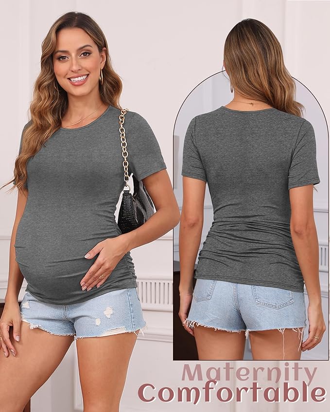 Huukeay 4 Pack Women's Maternity Shirts, Crew Neck Maternity Top Short Sleeve Casual Cotton Tee Side Ruched Pregnancy Clothes