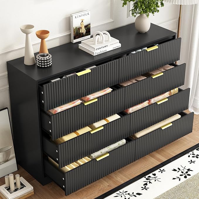 8 Drawer Dresser for Bedroom, Modern Fluted Double Dresser, 55" Wide Chest of Dressers, Wooden Beside Table for Closet, Living Room and Entryway, Black