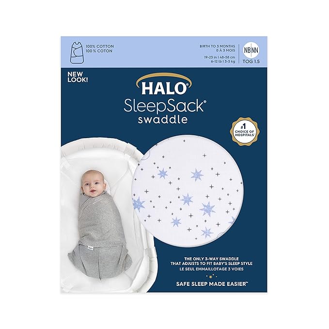 HALO 100% Cotton Sleepsack Swaddle, 3-Way Adjustable Wearable Blanket, TOG 1.5, Midnight Moons Blue, Newborn, 0-3 Months